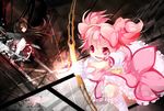  aiming akemi_homura arrow bad_id bad_pixiv_id black_eyes black_hair bow_(weapon) bubble_skirt drill_hair gloves glowing hair_ribbon hairband kaname_madoka light long_hair magical_girl mahou_shoujo_madoka_magica multiple_girls pink_eyes pink_hair ribbon skirt tears totorioku twin_drills twintails weapon white_gloves 