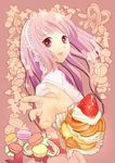  cake cookie cream food foreshortening fruit hands headband heart highres light_smile long_hair open_mouth original outstretched_arm pink_hair smile solo star strawberry y-chan 