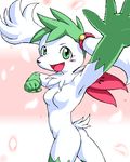  breasts chest_tuft ear_band female g-sun green_eyes green_hair hair long_ears looking_at_viewer lowres pok&eacute;morph pokemon shaymin short_green_hair short_hair short_tail solo standing tail white 