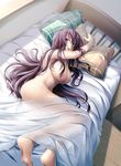  barefoot bed bed_sheet bedroom blue_eyes blush breasts from_above fuyuwa_kotatsu highres large_breasts legs long_hair long_legs lying naked_sheet nipples nude on_side original pillow purple_hair see-through solo thighs 