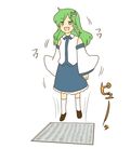 :d detached_sleeves flying frog_hair_ornament full_body green_hair hair_ornament jumping kochiya_sanae koyama_shigeru long_hair open_mouth simple_background smile solo touhou troll_face white_background wind wind_lift 