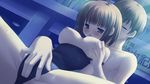  blue_eyes blush breast_grab breasts brown_hair fingering game_cg ikegami_akane nipples swimsuit tezuka_yumimi wet with_ribbon 