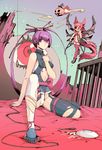  ar_tonelico ar_tonelico_iii collar eyeball finnel food fork jack-o'-lantern long_hair momoko_(ar_tonelico_iii) multiple_girls nipple_tassels non-web_source pumpkin purple_hair shoes single_shoe thighhighs torn_clothes torn_legwear wings 