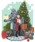  alphonse_elric animal armor bad_id bad_pixiv_id blonde_hair christmas christmas_tree cloak closed_eyes coat edward_elric envy_(fma) faux_figurine flamel_symbol full_armor fullmetal_alchemist gift highres holding holding_gift hood mukuo open_mouth panda smile star xiao-mei 