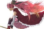  bare_shoulders boots detached_sleeves floating_hair gori hand_on_own_knee long_hair magical_girl mahou_shoujo_madoka_magica polearm ponytail profile red_eyes red_hair sakura_kyouko simple_background solo thighhighs weapon 