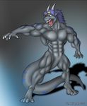  anthro black black_body blue blue_markings dragon hair klaufman male markings muscles nude pose solo 