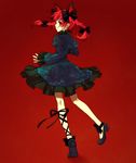  animal_ears braid cat_ears dress extra_ears from_behind hair_ribbon kaenbyou_rin kneepits leg_ribbon light_smile looking_back no_socks profile red red_eyes red_hair ribbon solo standing torazou touhou twin_braids twintails 