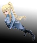  blonde_hair blue_eyes bodysuit breasts cleavage dutch_angle highres large_breasts long_hair metroid ponytail samus_aran solo tamamon zero_suit 