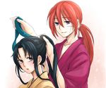  1boy 1girl black_hair blue_eyes blue_ribbon blush couple female girasolem himura_kenshin japanese_clothes k_hearts kamiya_kaoru kimono long_hair male orange_hair ponytail purple_eyes ribbon rurouni_kenshin scar 