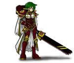  adepta_sororitas alternate_costume armor bloodycat book chainsword crossover green_hair hand_on_hip kazami_yuuka ornate parody power_armor red_eyes simple_background skull solo touhou warhammer_40k weapon white_background wings 