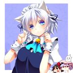  &lt;o&gt;_&lt;o&gt; 3girls :3 ahoge animal_ears ascot bad_id bad_pixiv_id bell blue_eyes bow braid camera cat_ears chibi chibi_inset gradient hat izayoi_sakuya jingle_bell kemonomimi_mode looking_at_viewer maid maid_headdress multiple_girls paw_pose remilia_scarlet shameimaru_aya short_hair silver_hair touhou twin_braids upper_body wrist_cuffs yutazou 