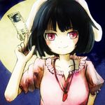  animal_ears bad_id bad_pixiv_id black_hair bunny_ears carrot collarbone full_moon hakurei_reimu inaba_tewi jewelry money moon pendant red_eyes saebashi short_hair smile solo touhou upper_body yukkuri_shiteitte_ne 