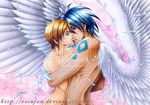  bare_back bare_shoulders black_hair blue_hair brown_hair couple eye_contact feathers green_eyes hug incipient_kiss kanzaki_hitomi kiss lips love nude pink red_eyes short_hair smile tagme tattoo tenkuu_no_escaflowne van_fanel wings 