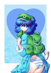  absurdres ass backpack bag blue_eyes blue_hair hair_bobbles hair_ornament hat highres kawashiro_nitori md5_mismatch panties raionsan short_hair solo striped striped_panties touhou two_side_up underwear 