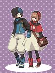  1girl arm_hug backpack bad_id bad_pixiv_id bag black_legwear boots brown_hair capelet green_hair hairband hat open_mouth painame pantyhose pixiv pixiv_trainer poke_ball poke_ball_theme pokemon pokemon_trainer polka_dot satchel scarf smile 