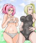  2girls blush breasts cho-misokatu cleavage erect_nipples haruno_sakura misokatsu_(cho-misokatu) multiple_girls naruto one-piece_swimsuit one_piece_suit one_piece_swimsuit smile swimsuit yamanaka_ino 