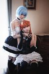  2girls asian ayanami_rei bare_shoulders chains collar cosplay gloves hand_holding maid multiple_girls neon_genesis_evangelion photo soryu_asuka_langley souryuu_asuka_langley 