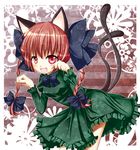  animal_ears braid cat_ears cat_tail dress green_dress hair_ribbon harukaruha highres kaenbyou_rin multiple_tails paw_pose red_eyes red_hair ribbon smile solo tail touhou twin_braids 