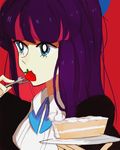  cake eating food fork fruit image_sample kite-mitiko panty_&amp;_stocking_with_garterbelt purple_hair simple_background solo stocking_(psg) strawberry tumblr_sample upper_body 
