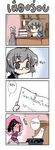  1girl 4koma ahoge black_hair book choker comic crossover elysia_de_lute_ima glasses grey_eyes grey_hair hair_ornament highres japanese_clothes kami_nomi_zo_shiru_sekai long_hair morichika_rinnosuke no_eyes open_mouth paper ponytail sesield skull_hair_ornament table thai touhou translated trash_can vase 