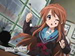  asahina_mikuru calligraphy dirty dutch_angle ink one_eye_closed orange_eyes orange_hair paintbrush school_uniform suzumiya_haruhi_no_shoushitsu suzumiya_haruhi_no_yuuutsu tree window wink 