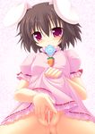  animal_ears brown_hair bunny_ears carrot carrot_necklace censored condom condom_in_mouth dress inaba_tewi mouth_hold pink_dress pointless_censoring presenting pussy red_eyes short_hair solo spread_pussy touhou yokuran 