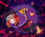 bad_id bad_pixiv_id blue_eyes boots bow bug butterfly dress elbow_gloves eva_beatrice flower gloves hat insect kawwa open_mouth orange_hair red_flower red_rose ribbon rose silk solo spider_web staff umineko_no_naku_koro_ni 