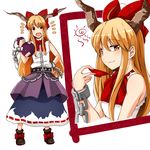  ahoge belt bow chain cuffs cup gourd hair_bow hand_on_hip horn_ribbon horns ibuki_suika long_hair orange_hair ribbon sakazuki shirt sleeveless sleeveless_shirt soto_miyako touhou upper_body yellow_eyes 