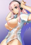  blush bottomless bowalia breasts headphones large_breasts light_smile nipples nitroplus open_clothes open_shirt pink_hair red_eyes shirt solo super_sonico wet wet_clothes 