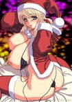  :p ass bag bed bikini blonde_hair blush breasts christmas green_eyes hat highres huge_breasts magaki_ryouta micro_bikini nipples puffy_nipples santa_costume santa_hat sideboob sitting smile string_bikini swimsuit tongue tongue_out undressing 