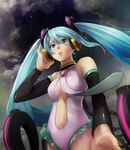  adjusting_hair bad_id bad_pixiv_id bare_shoulders breasts center_opening cleavage cloud detached_sleeves frills from_below green_eyes green_hair hatsune_miku hatsune_miku_(append) kanotuki leotard long_hair medium_breasts navel necktie solo star_(sky) twintails vocaloid vocaloid_append 