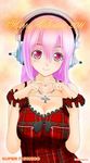  2011 blush breasts cleavage headphones heart heart_hands jewelry large_breasts necklace nitroplus non-web_source pink_eyes pink_hair solo super_sonico valentine 