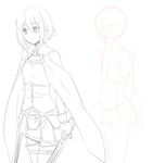  1girl belt buckle cape commentary_request gloves greyscale himura_kiseki holding holding_sword holding_weapon magical_girl mahou_shoujo_madoka_magica mahou_shoujo_madoka_magica_(anime) miki_sayaka miki_sayaka_(magical_girl) monochrome short_hair sidelocks simple_background standing sword thighhighs weapon white_background wrist_cuffs 