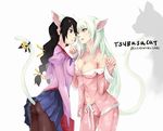  animal_ears ass asymmetrical_docking bakemonogatari black_eyes black_hair black_hanekawa braid breast_press breasts cat cat_ears cleavage dual_persona glasses hanekawa_tsubasa highres juliet_sleeves large_breasts long_hair long_sleeves mitu monogatari_(series) multiple_girls nekomonogatari pajamas panties panties_under_pantyhose pantyhose puffy_sleeves school_uniform silhouette spoilers tail twin_braids underwear white_hair yellow_eyes 