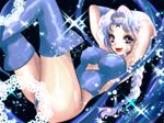  1girl berthier beruche_(sailor_moon) bishoujo_senshi_sailor_moon bishoujo_senshi_sailor_moon_r blue_eyes braid breasts cleavage gloves happy leotard smile solo thighhighs white_hair 