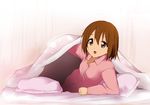  bed_invitation blanket brown_eyes brown_hair hirasawa_yui k-on! kaiga lying on_side pajamas pillow short_hair solo under_covers 