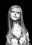  abuse bearclaw blood copyright_request evil face greyscale injury long_hair long_neck monochrome school_uniform serafuku sketch smile solo sweat torn_clothes upper_body very_long_hair 