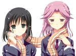  bad_id bad_pixiv_id black_hair blazer green_eyes jacket kajiki_yumi multiple_girls necktie odawara_hakone plaid plaid_scarf purple_eyes purple_hair saki scarf school_uniform shared_scarf smile snow touyoko_momoko tsuruga_school_uniform yuri 