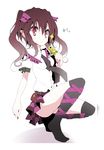  :&lt; black_legwear brown_hair cellphone himekaidou_hatate looking_at_viewer oouso phone pointy_ears red_eyes short_hair simple_background solo sparkle squatting thighhighs touhou twintails 
