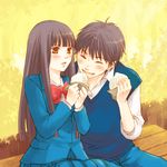  1girl baozi bench blazer blush bow brown_eyes brown_hair closed_eyes food jacket kazehaya_shouta kimi_ni_todoke kuronuma_sawako long_hair school_uniform sharing_food sitting sweater_vest takenoko_(flamingo_garden) 