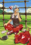  bad_id bad_pixiv_id bamboo_fence bow contemporary day eating fence food fujiwara_no_mokou gloves hair_bow hoe indian_style long_hair onigiri outdoors pants red_eyes shoes silver_hair sitting sneakers solo tooku_nomura_(artist) touhou 