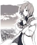  coat copyright_request greyscale jiyu2 monochrome short_hair sky solo town 