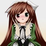  blush bow brown_hair dress frills green_eyes hairband heterochromia long_hair open_mouth red_eyes rozen_maiden solo suiseiseki taka_(takalight) tears 