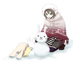  bad_id bad_pixiv_id bird brown_eyes bunny chick green_hair hair_ornament hairclip hat hood hood_down hoodie kneeling nanigwashi open_mouth original plaid plaid_skirt shirt short_hair skirt snow snow_bunny snowman solo striped striped_shirt thighhighs zettai_ryouiki 