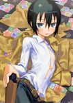  belt black_hair dress_shirt edited flat_chest flower grey_eyes gun holster jacket kino kino_no_tabi open_clothes pants photoshop shirt weapon 