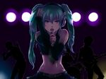  aqua_eyes aqua_hair drum guitar hatsune_miku highres instrument long_hair microphone midriff mikupa music navel open_mouth ryon silhouette singing skirt solo twintails vocaloid 