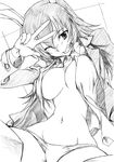  animal_ears breasts bunny_ears charlotte_e_yeager curvy greyscale grin groin jacket large_breasts long_hair monochrome narrow_waist navel no_bra no_pants one_eye_closed open_clothes open_jacket open_shirt panties shirt smile solo strike_witches traditional_media underwear v wide_hips world_witches_series yoshijima_ataru 