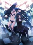  belt bikini_top black_rock_shooter black_rock_shooter_(character) boots checkered dead_master highres midriff multiple_girls nayu salute scar short_shorts shorts sitting tongue twintails 