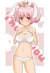  ac_japan alcohol_(coldfront) animal_ears arigato_usagi bad_id bad_pixiv_id blush bow bow_bra bra breasts bunny_ears crown lingerie medium_breasts navel nose_blush panties personification pink_hair red_eyes shirt_lift short_hair short_twintails solo twintails underwear white_bra white_panties 