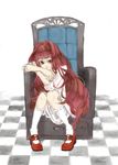  chair checkered checkered_floor dress full_body highres kijima_nikki kneehighs lips long_hair mary_janes meilan miika red_eyes red_hair shoes sitting smile solo very_long_hair 
